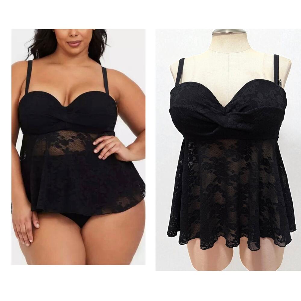 TOP ONLY Torrid 00 Sexy Sheer Black Lace Underwire Padded Swim Tankini Top New